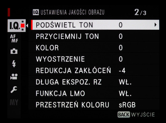 Menu główne aparatu Fujifilm GFX 50S