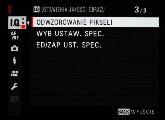 Menu główne aparatu Fujifilm GFX 50S