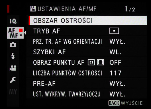 Menu główne aparatu Fujifilm GFX 50S