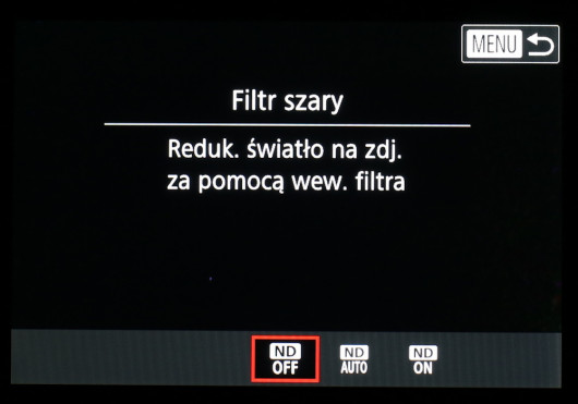 Możliwość włączenia filtra ND, obniżającego ekzpozycję o 3 EV