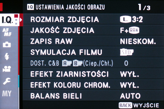 Menu główne aparatu Fujifilm X-T3
