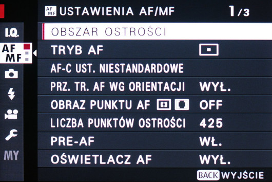 Menu główne aparatu Fujifilm X-T3