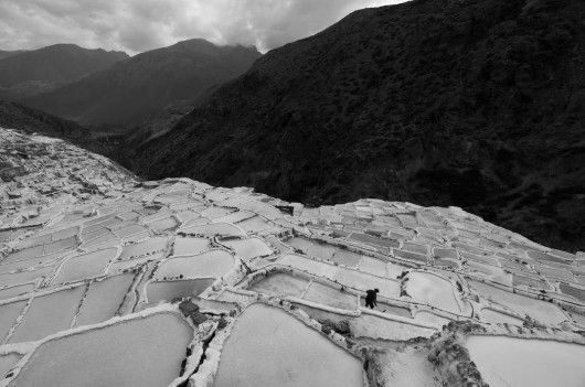 fot. An Li  / Pictures of the Year National Geographic
W Kopalniach Soli w Maras w Peru znajduje się około 4500 studni solnych, które tarasowo wkomponowane są w zbocze wzgórza. Zapis archeologiczny wskazuje, że wydobycie soli rozpoczęło się tu prawdopodobnie jeszcze przed powstaniem Imperium Inków, być może już w 500 roku naszej ery. Dziś tradycja ta jest kontynuowana przez rodziny posiadające studnie, z których każda produkuje około 400 funtów soli miesięcznie. Studnie solne otrzymują wodę poprzez kanały zasilane słonym podziemnym źródłem w pobliżu, a kiedy woda wyparuje, pozostaje skrystalizowana sól - opisuje An Li. Tutaj solarz używa drewnianych grabi, aby wydobyć sól.
