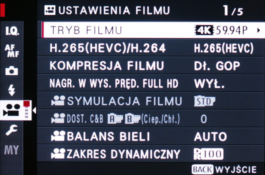 Menu ustawień filmowych modelu X-T3