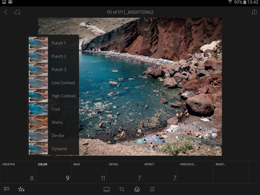 Adobe Lightroom Mobile - zakładka z efektami