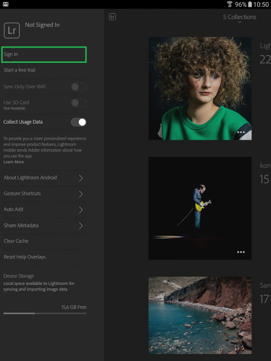 Adobe Lightroom Mobile - łączenie z Creative Cloud (tablet)