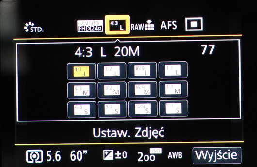 Menu podręczne aparatu Panasonic Lumix GX8
