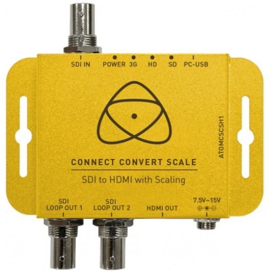 Atomos Connect Converter ATOMCSCSH1 - konwerter SDI na HDMI wyposażony w pełnowymiarowy 3G / HD / SD-SDI, blokowany HDMI, blokowany zasilacz prądu stałego, zdejmowane uchwyty montażowe, skalowanie konwersji /szybkość klatek / rozdzielczość do HD 1080p60.