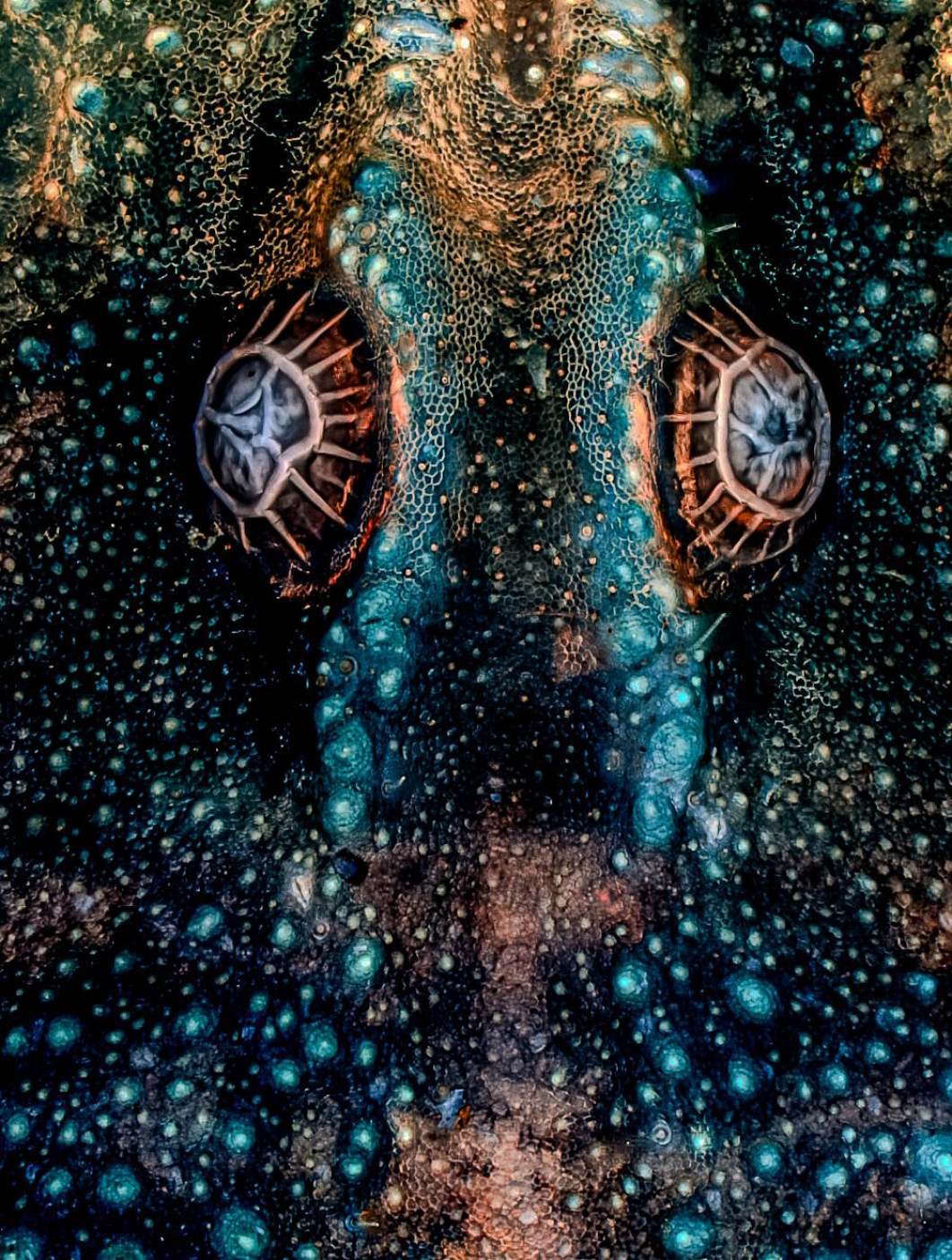 <strong>Royal Society Publishing Photography Competition, Zwycięzca kategorii Mikroobrazowanie „Zmęczone oczy”, fot. Jose Manuel Martinez  </strong></br>

Są to oczy skorpiona obserwowane we fluorescencji pod mikroskopem z obiektywem 10x/0,3. Obraz jest złożony ze 110 zdjęć i pokazuje obszar 1,4 x 1,05 milimetra.